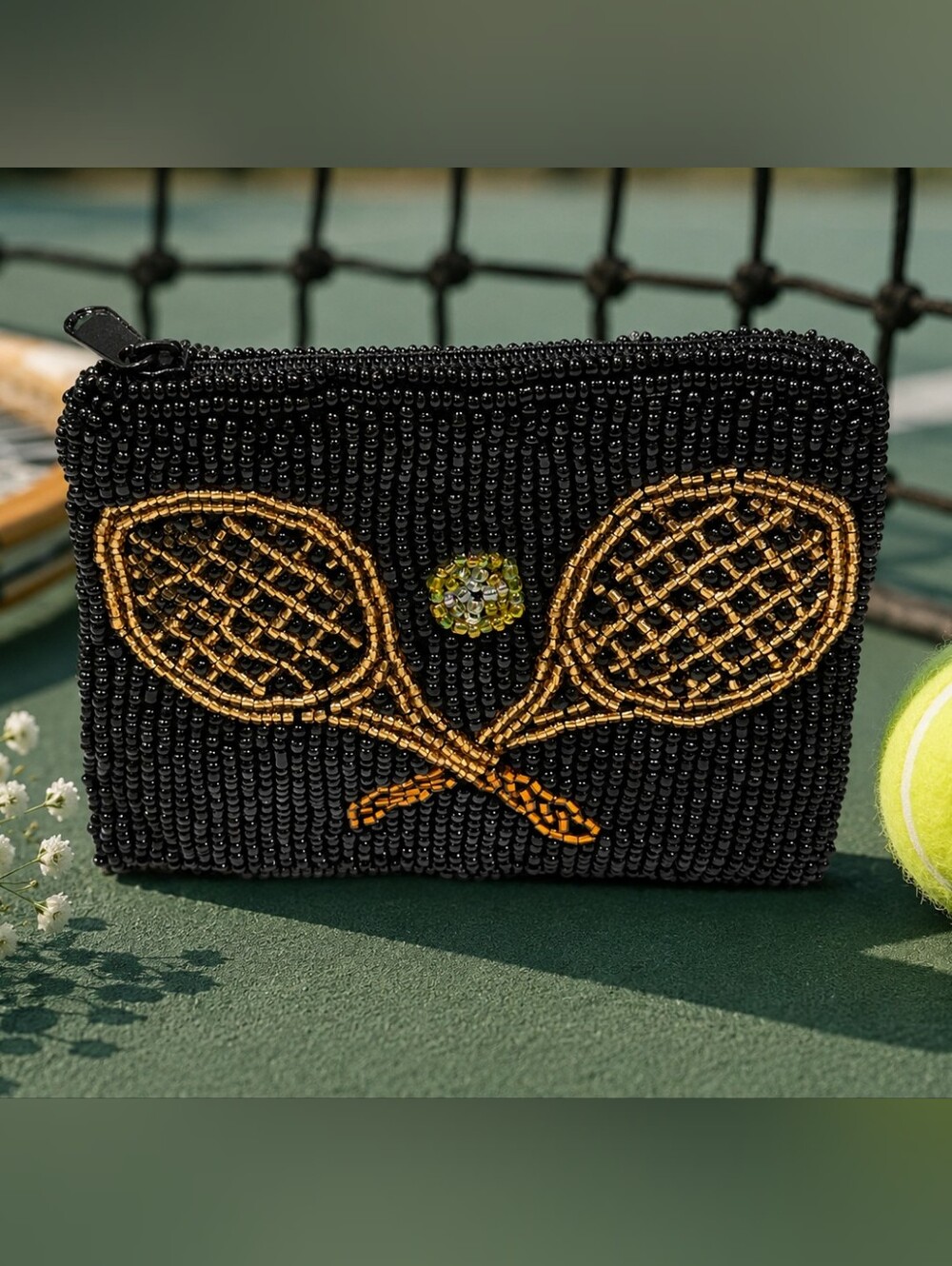 Vintage Tennis Beaded Coin Purse – Crossed Racquets – New Old Stock